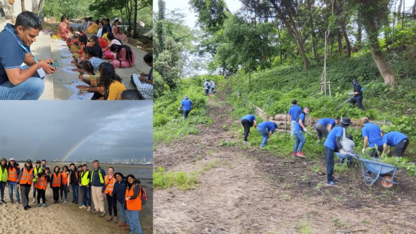 Left top image of Telstra International employee mentoring children in Hyderabad about environment conservation. Left bottom image of Telstra International employees at the Melbourne International Changemaker event, in a group photo at St.Kilda West Beach. Right image of Telstra International Japan employees clearing the woodland of weeds at Chigasaki (South of Tokyo).